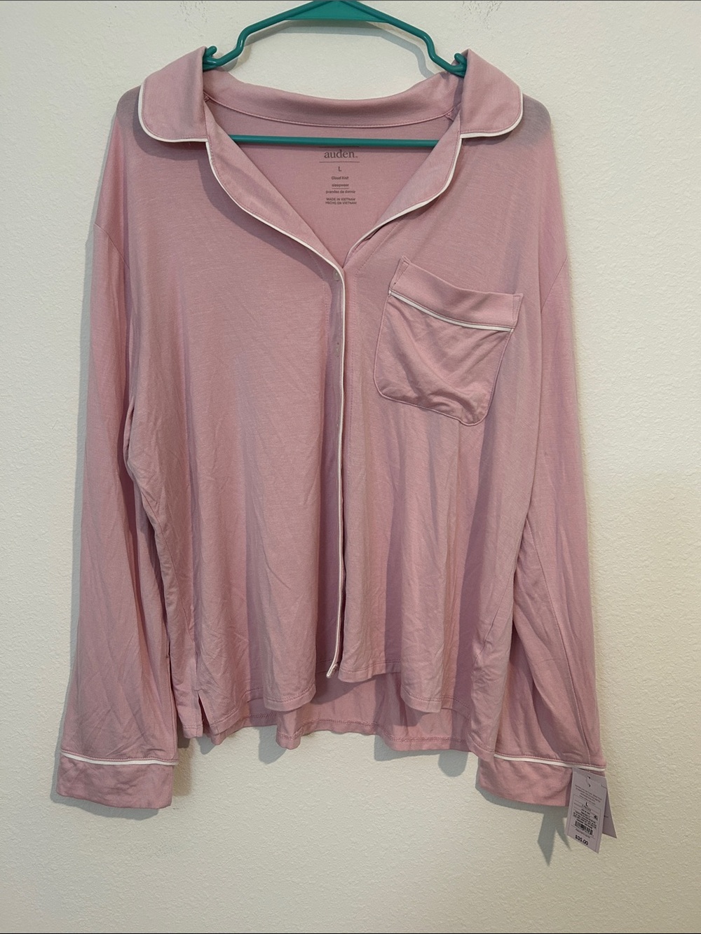 Auden Soft Pink Long-Sleeve Pajama Shirt with White Piping